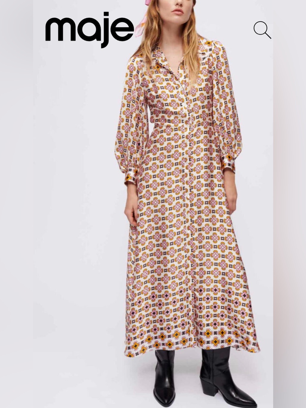 Maje Satin Shirt Dress Floral Geometric Maxi In Cream And Pink Sizs 1 /Fits Med.